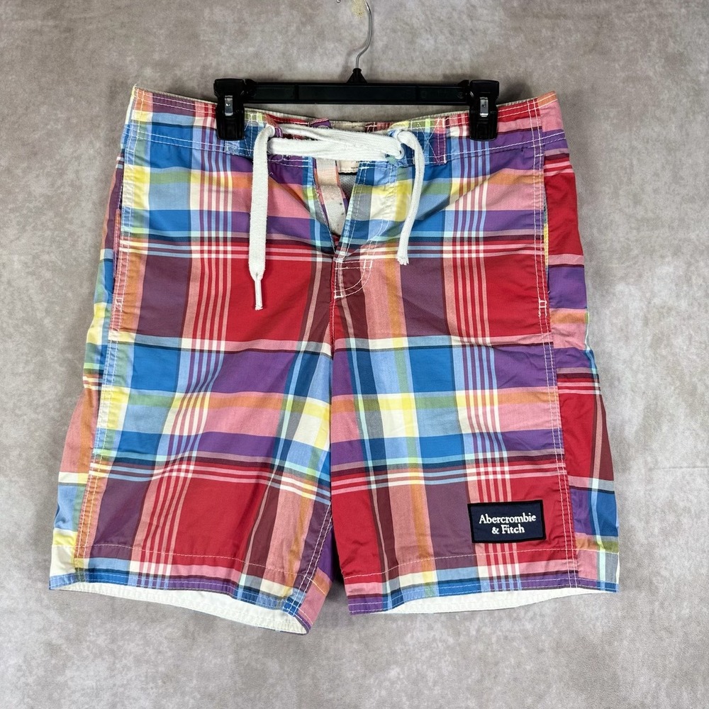 Abercrombie & Fitch Board Shorts Men Medium Multicolor Plaid Swim Colorful Retro